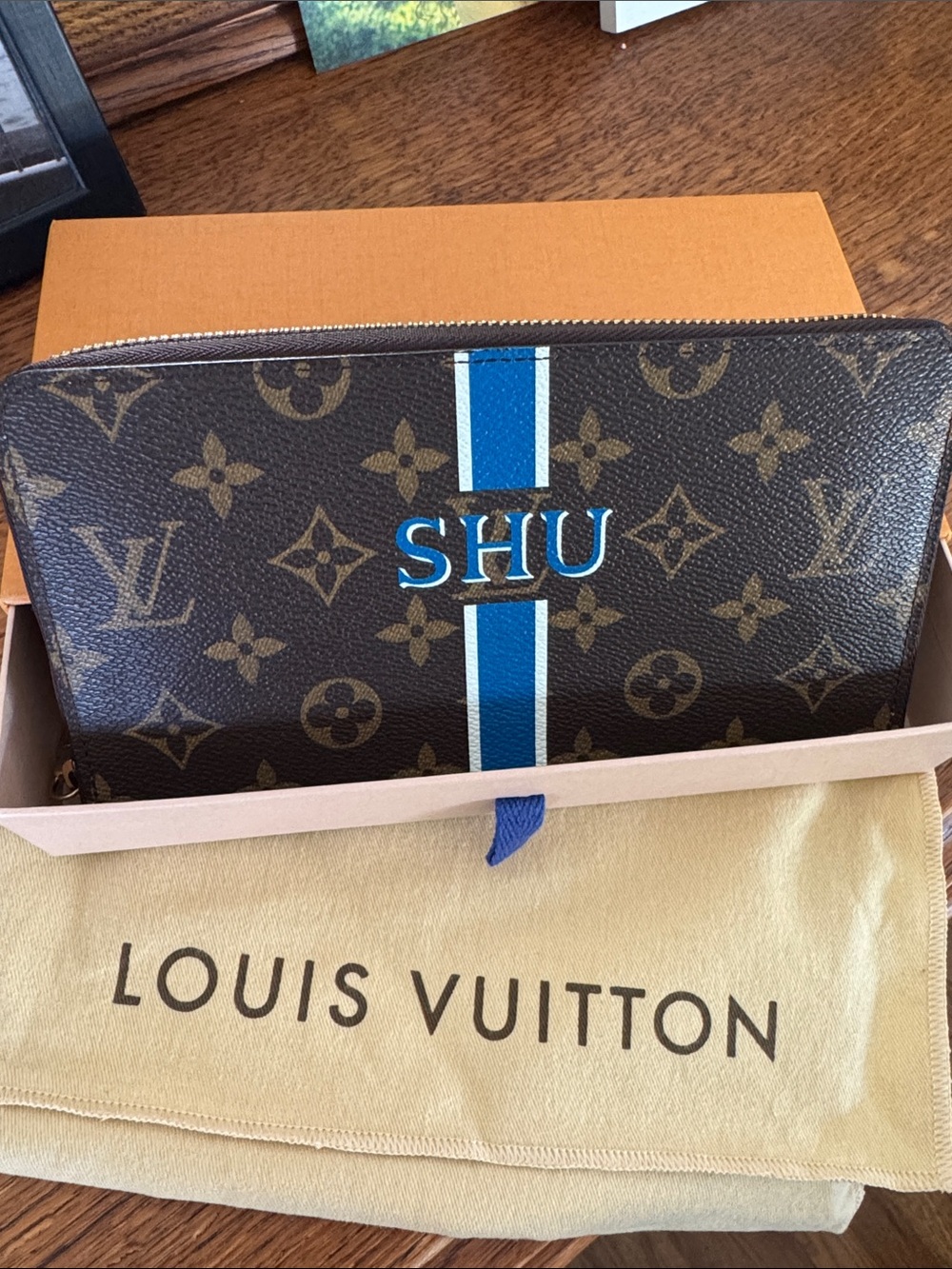 Authentic LV Monogram Zippy ORGANIZER Blue Stripe and SHU Initials. Never Used!